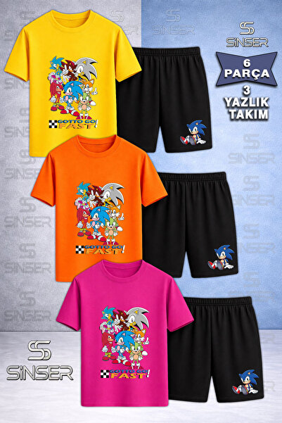 SS SİNSER Children's Snic Gotto Fast Coklu Printed Crew Neck 3-Piece T-Shirt ...