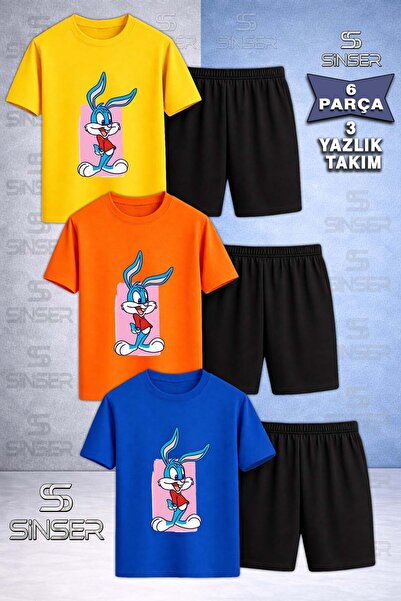 SS SİNSER Children's Tavsan Boys Pink Canvas Printed Crew Neck 3-Piece T-Shir...