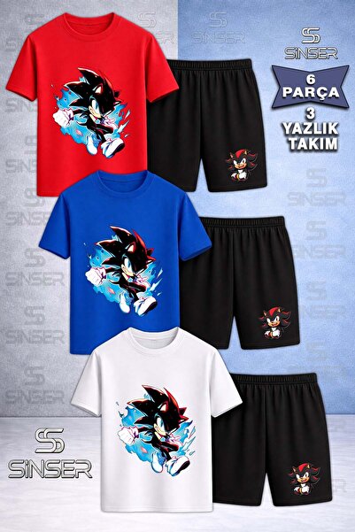 SS SİNSER Παιδικό SNIC ΜΑΥΡΟ ΜΠΛΕ ΚΑΜΒΑΣ Με στάμπα Crew Neck 3-τεμαχιακό T-Sh...