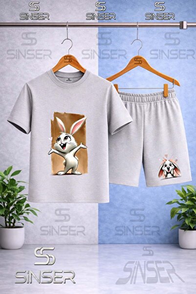 SS SİNSER Παιδικό TAVSAN TUVAL ΚΑΦΕ Μπλουζάκι με στάμπα με λαιμόκοψη - Σετ σορτς