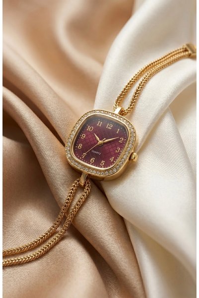 KLISHE Butik Women's Steel Watch Gold Color & Burgundy Dial Special Design Square Case Vintage Old Money Luxury Elegant Stylish Women's Wristwatch |   Limited Edition 2026