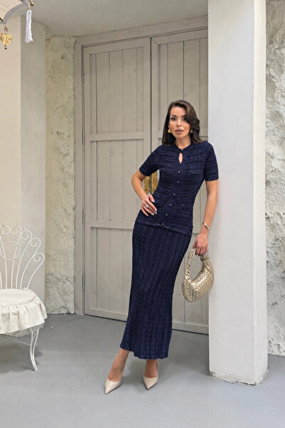 Lusin Women's Navy Blue Glitter Lined Short Sleeve Summer Fabric Long Elegant...