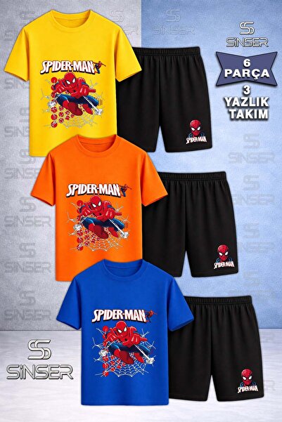 SS SİNSER Children's Orumcekman Beyaz Agli Ag Firlatan Printed Crew Neck 3-Pi...