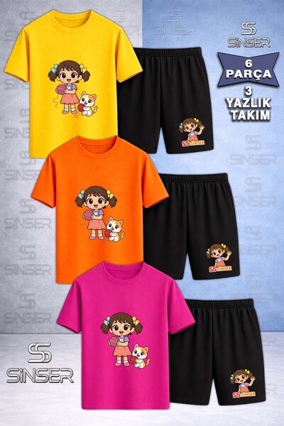 SS SİNSER Children's Sinser Girl Cat Ip Printed Crew Neck 3-Piece T-Shirt - S...