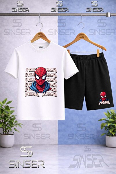 SS SİNSER Children's Spider-Man Head Back Printed Crew Neck T-Shirt - Shorts Set