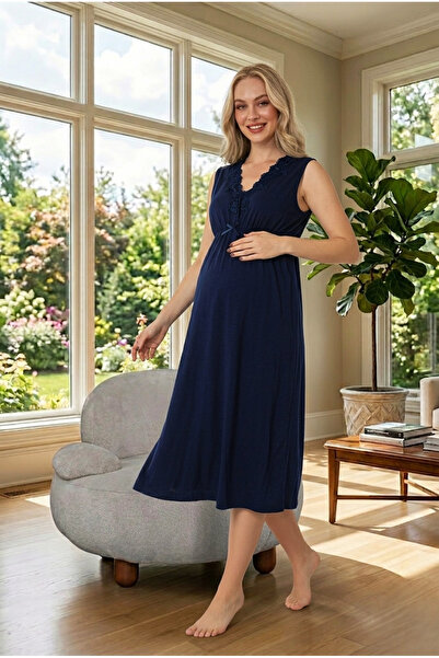 Lohusa Homewear New Season Navy Blue Maternity Summer Nightgown with Elegant ...