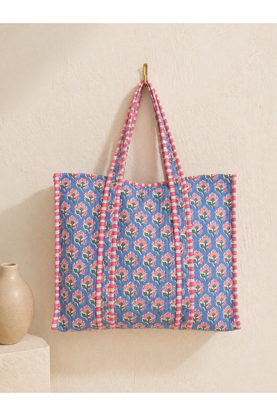 Yoncha Kapitoneli Floral Desenli Tote Bag - Büyük Boy Print Baskı Kumaş Çanta