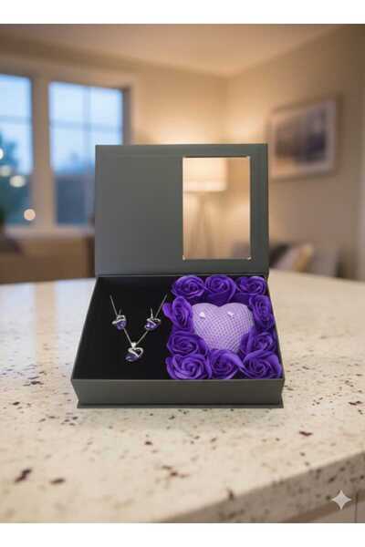 OEM Set cadou Love Forever, lumanare inima parfumata, bijuterii cu cristale mov, 3 piese, cutie premium