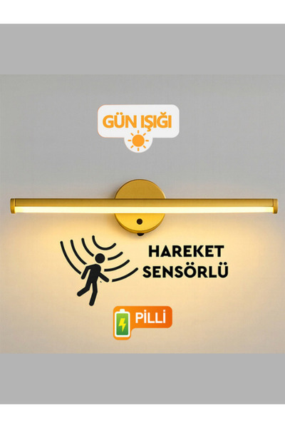 teknofinal Gold Sensörlü Yapışkanlı Kablosuz Pilli Gün Işığı Led Aplik