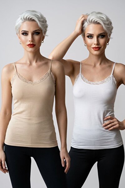 fevien Women's 2-Pack Thin Strap V-Neck Lace Detailed Cotton Flexible Daily A...