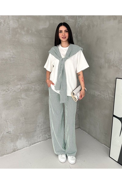 GizSu Butik Çizgili Pantolonlu Şal Detaylı Oversize İkili Takım