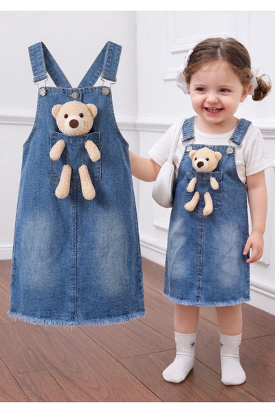 CALİSA Κοριτσίστικο παιδικό τζιν φόρεμα με λεπτομέρεια αρκουδάκι, κομψό, άνετ...