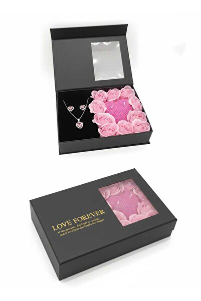 OEM Set cadou Love Forever, lumanare inima parfumata, bijuterii cu cristale roz, 3 piese, cutie premium