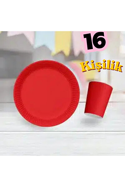 KullanAtParty 16 Kişilik Kırmızı Karton Tabak Bardak Seti - Kırmızı Doğum Gün...
