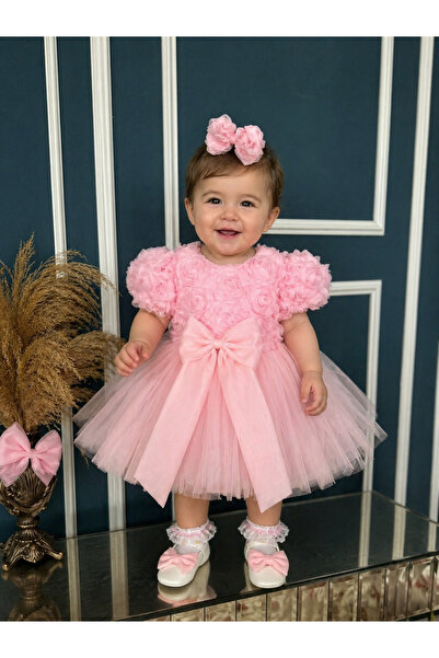 Dizaynbyasena Güllü pembe özel gün bebek elbisesi doğum günü elbisesi