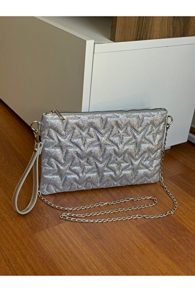 Bagnest Ασημί δερμάτινο πορτφόλι και τσάντα clutch με αστεράτο κεντητό λουράκ...