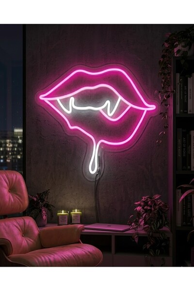 SignYourNeon Vampir Dudak Tasarım Led Neon Tabela - Estetik Oda Dekoru - Pemb...