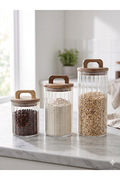 Rodiya Home Vacuum Wooden Lid Borosilicate Striped Glass 3-Piece Storage Cont...