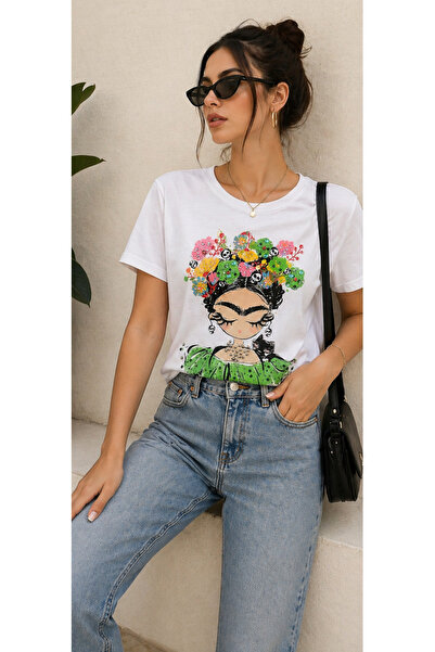 Diva Exclusive Fashion Tricou damă alb din bumbac cu imprimeu artistic și apl...