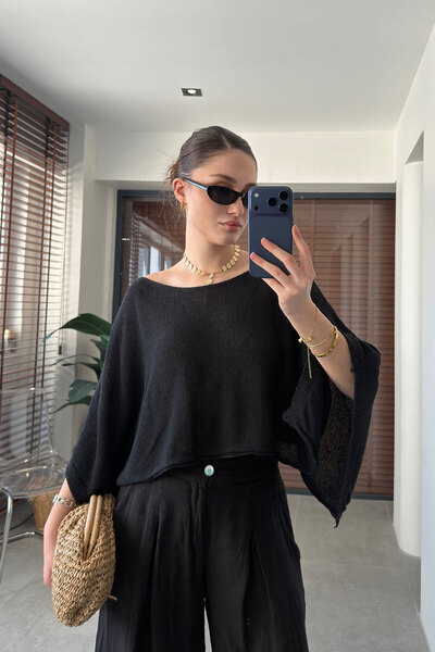 MAGARDE Μπλούζα με λαιμόκοψη καγιάκ και μανίκια νυχτερίδας, μερσεριζέ - ΜΑΥΡΗ