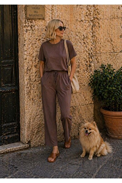 ibeeka Σετ Πανωφόρι και Παντελόνι από Ύφασμα Tencel με Εφέ Λινό - Καφέ Νέα Σεζόν