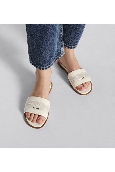 Sandal christian D!or flat Dway Slide White Calfskin and Embroidered Cotton