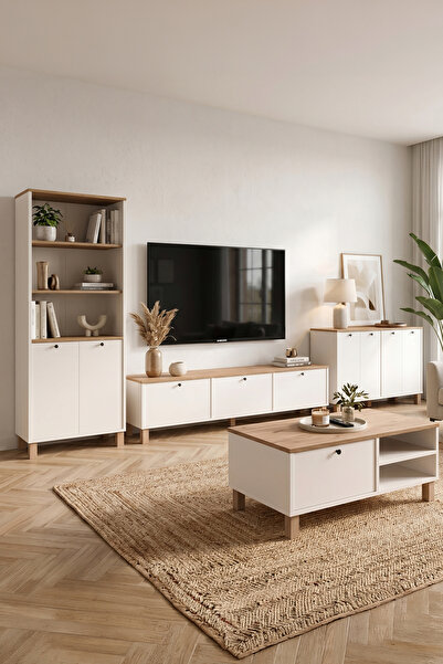 Robin Home Alaska Tv Ünitesi Orta Sehpa Kitaplık Konsol Ahşap Ayaklı 4'lü Set...