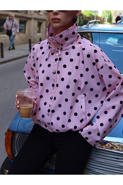 LOKADI Γυναικείο πουκάμισο μπουφάν με ροζ πουά γιακά και μανίκια μπαλόνι, ove...