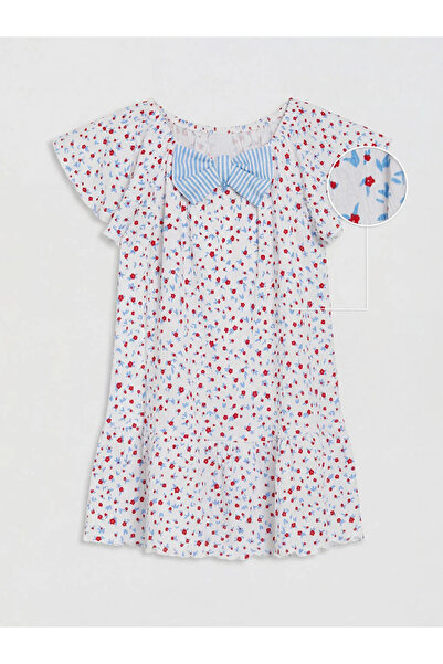 LC Waikiki Εκρού Φόρεμα με Φιόγκο και Ζάρες για Κορίτσια