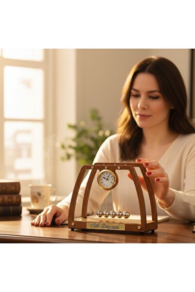 keyfim shop Kişiye Özel İsim Yazılı Ahşap Newton's Cradle Masa Saati ve Dekor...