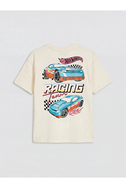LC Waikiki Beige Crew Neck Hot Wheels Printed Boys' T-Shirt
