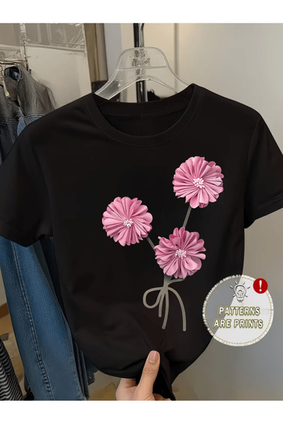 one button Μπλουζάκι Premium Oversize με στάμπα σε ροζ λουλουδάτο σχέδιο