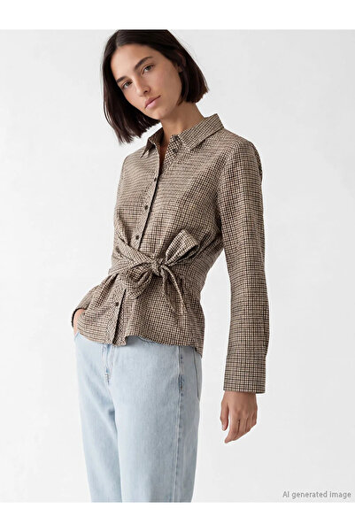 LC Waikiki Καρό γυναικείο πουκάμισο με λεπτομέρεια σε καφέ χρώμα