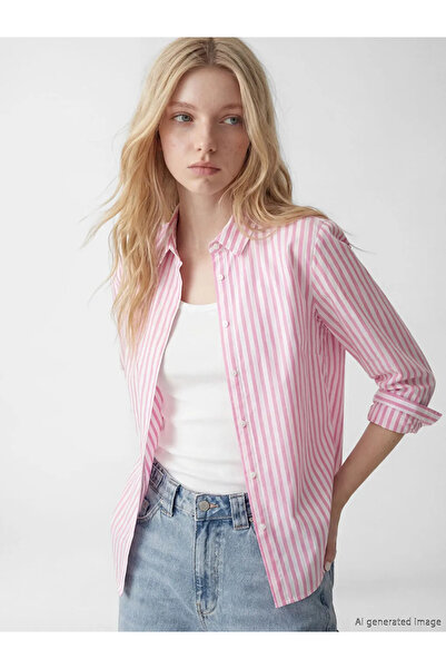 LC Waikiki Ροζ Ριγέ Ποπλίνα Γυναικείο πουκάμισο
