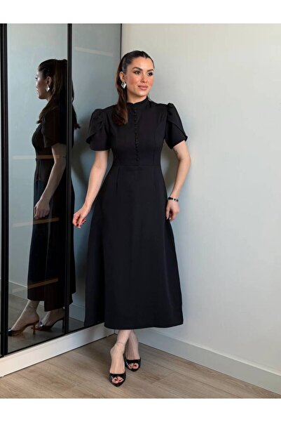 maf collection Γυναικείο μαύρο βραδινό φόρεμα με μανίκια μπαλόνι και κουμπιά,...