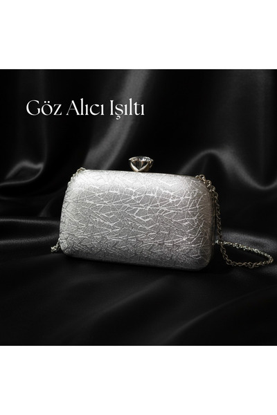 Dilora Kadın Dokulu Abiye Çanta Clutch Portföy Zincir Askılı Kristal Taş Kili...