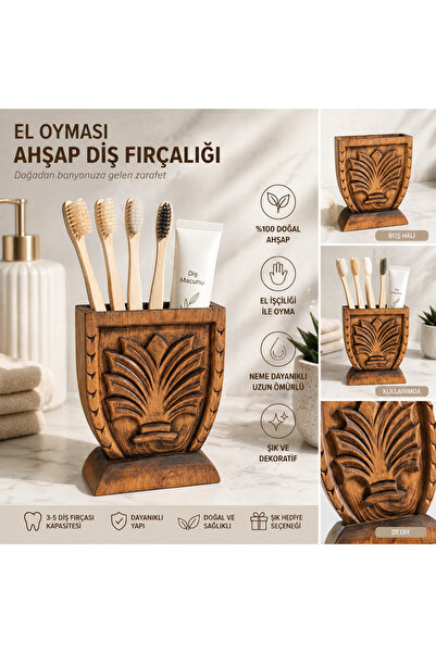 Kütük shop El Oyması Ahşap Diş Fırçalığı – Doğal Ahşap Banyo Organizeri – Dek...