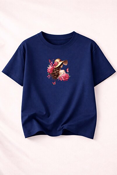 herkesemoda Rose-Themed Printed Women's Crew Neck Cotton T-Shirt