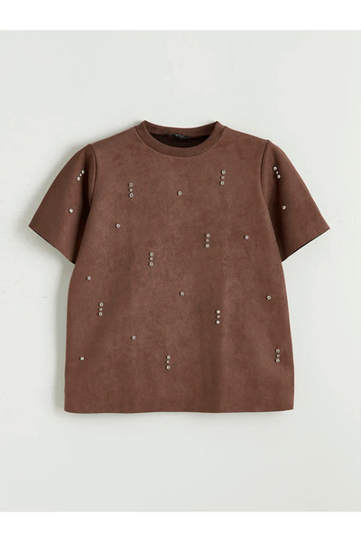 LC Waikiki Καφέ μπλούζα με λαιμόκοψη ποδηλάτου και εμφάνιση σουέτ με πέτρες