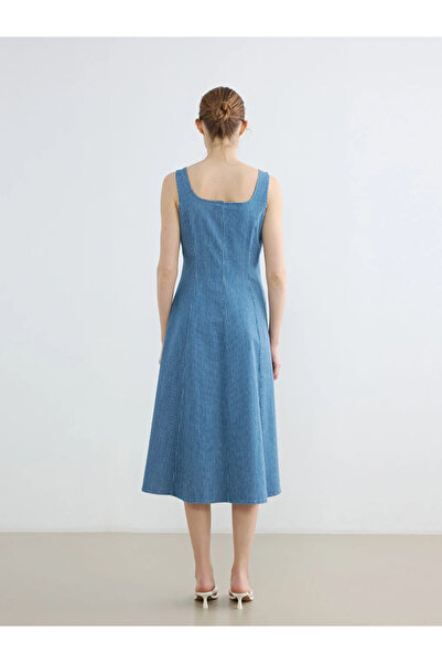 LC Waikiki Λευκό τζιν φόρεμα με ρίγες και λαιμόκοψη U