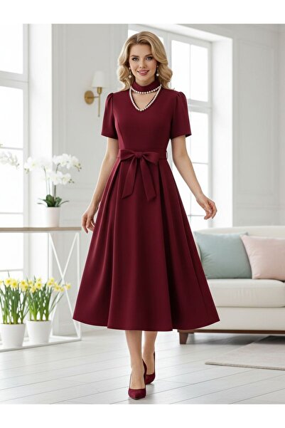 Iuliashop Rochie midi Adelina Grena cu perle - Mărimi mari - 44