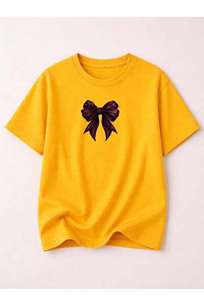 herkesemoda Γυναικείο βαμβακερό μπλουζάκι με στάμπα κορδέλας και λαιμόκοψη πο...