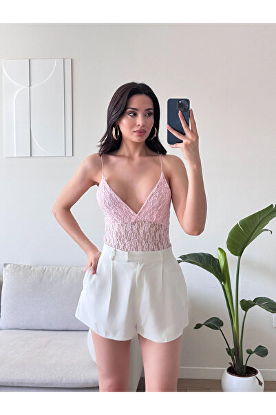 Zoom Butik Askılı Dantel Bodysuit - PEMBE
