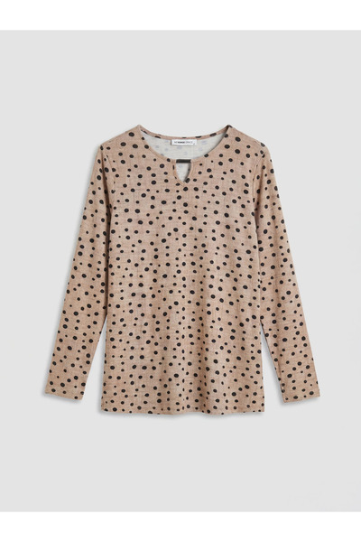 LC Waikiki Μπεζ μπλούζα με λαιμόκοψη ποδηλάτου και πουά σχέδιο