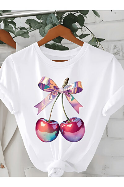 one button Πολύχρωμο μπλουζάκι με στάμπα κεράσι και φιόγκο, Premium Oversize