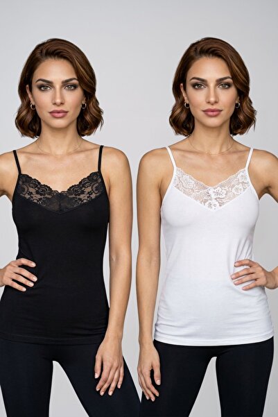 fevien Women's 2-Pack V-Neck Lace Rope Strap Cotton Undershirt Stylish Comfor...
