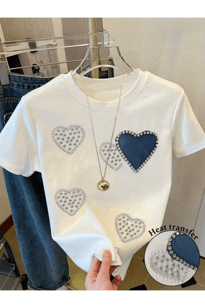 one button Μπλουζάκι Love Heart με μπλε και λευκό σχέδιο, εμπριμέ, Premium Ov...