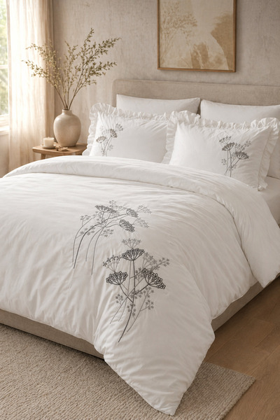 İK TEKSTİL Borge 100% Cotton Embroidered Double Duvet Cover Set - 6 Piece Whi...