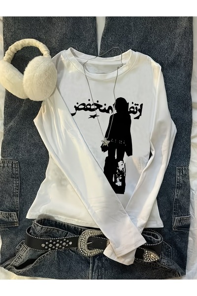 Toum Bluză cu mânecă lungă, imprimată cu silueta Noir, tip body