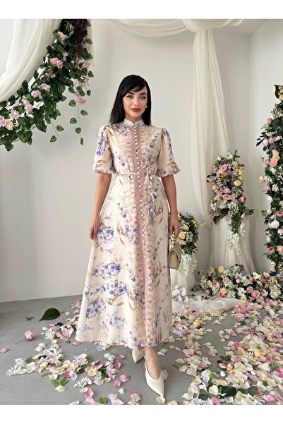 Miss Beyoğlu Γυναικείο λινό φόρεμα με ψηλό γιακά, λεπτή ζώνη και λεπτομέρεια ...